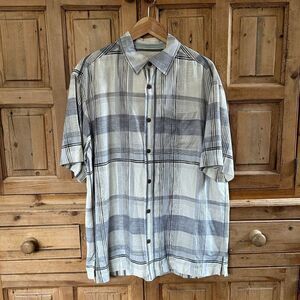 Tommy Bahama Medium Silk‎ Button Front Shirt Short Sleeve White Gray Plaid